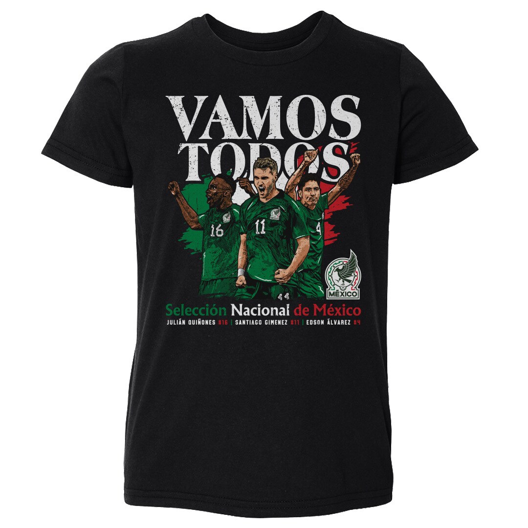mexico national team 500 level toddler vamos todos julián quiñones santiago giménez amp edson Álvarez t-shirt – black Collection – Brazil World Cup Jerseys and T-Shirts