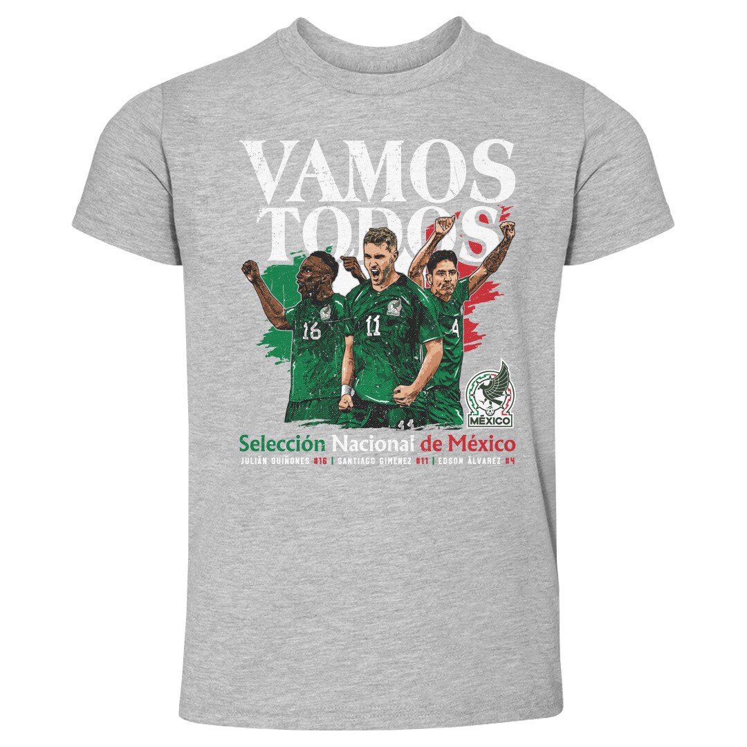 mexico national team 500 level toddler vamos todos julián quiñones santiago giménez amp edson Álvarez t-shirt – heather gray Collection – Brazil World Cup Jerseys and T-Shirts