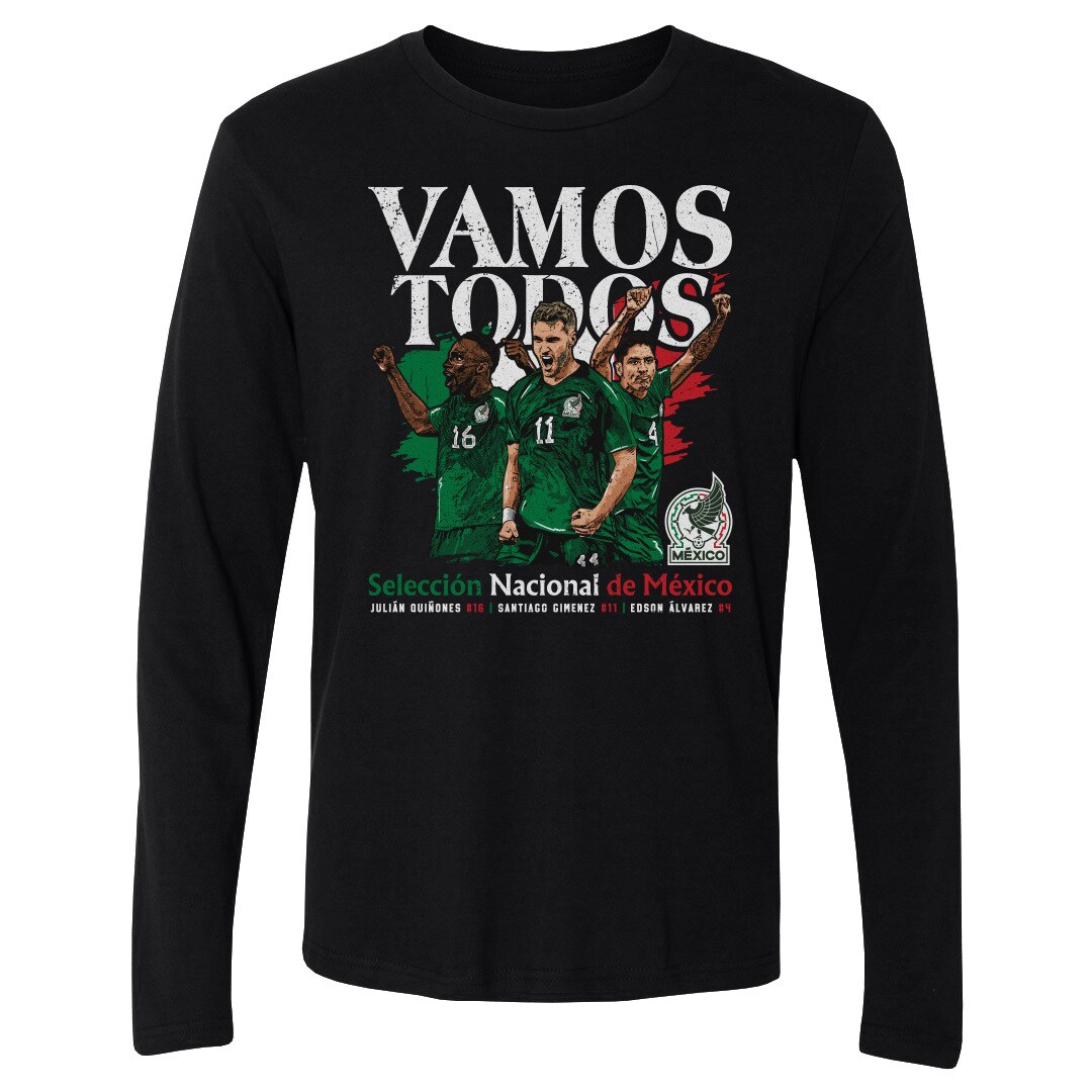 mexico national team 500 level vamos todos julián quiñones santiago giménez amp edson Álvarez long sleeve t-shirt – black Collection – Brazil World Cup Jerseys and T-Shirts