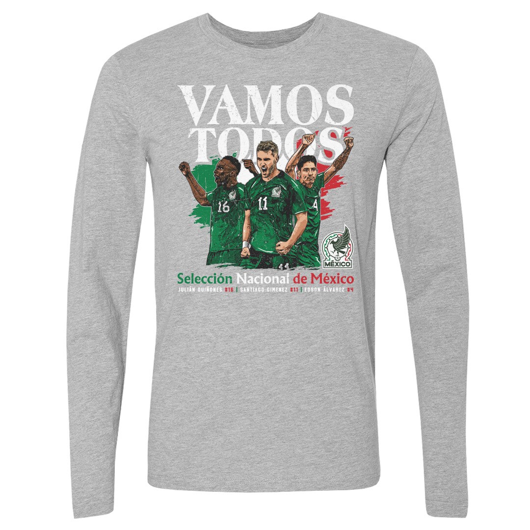 mexico national team 500 level vamos todos julián quiñones santiago giménez amp edson Álvarez long sleeve t-shirt – heather gray Collection – Brazil World Cup Jerseys and T-Shirts