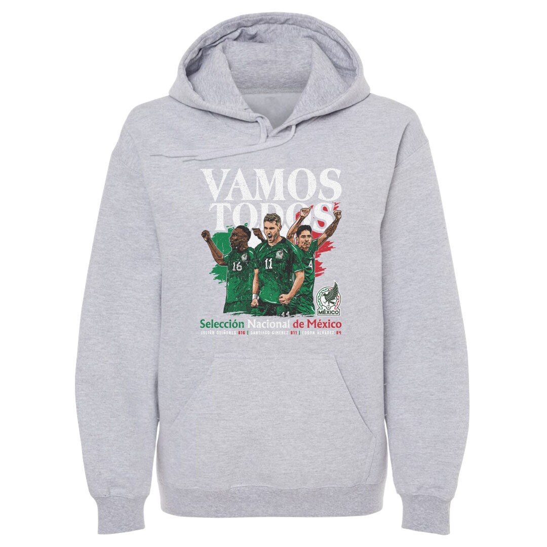 mexico national team 500 level vamos todos julián quiñones santiago giménez amp edson Álvarez pullover hoodie – gray Collection – Brazil World Cup Jerseys and T-Shirts