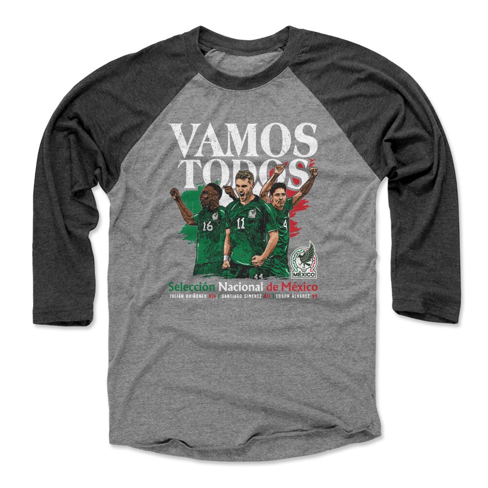 mexico national team 500 level vamos todos julián quiñones santiago giménez amp edson Álvarez raglan 34-sleeve baseball t-shirt – black Collection – Brazil World Cup Jerseys and T-Shirts
