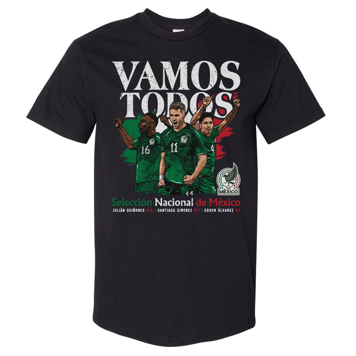 mexico national team 500 level vamos todos julián quiñones santiago giménez amp edson Álvarez t-shirt – black Collection – Brazil World Cup Jerseys and T-Shirts