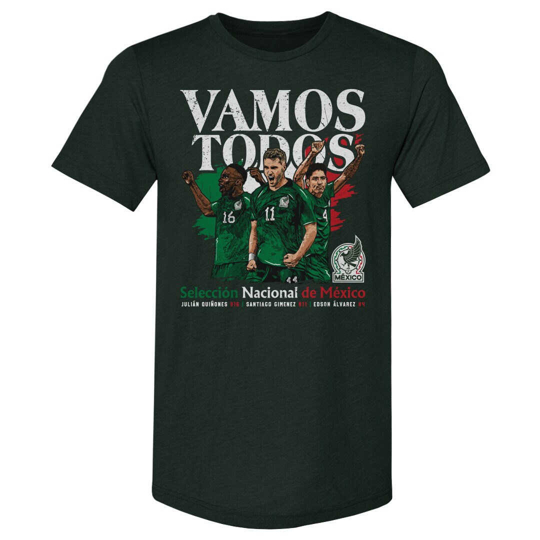 mexico national team 500 level vamos todos julián quiñones santiago giménez amp edson Álvarez t-shirt – forest green Collection – Brazil World Cup Jerseys and T-Shirts
