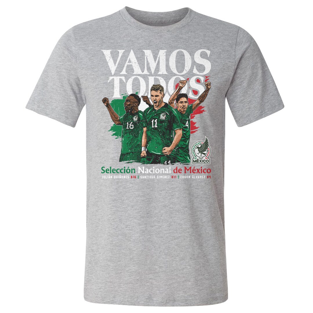 mexico national team 500 level vamos todos julián quiñones santiago giménez amp edson Álvarez t-shirt – heather gray Collection – Brazil World Cup Jerseys and T-Shirts
