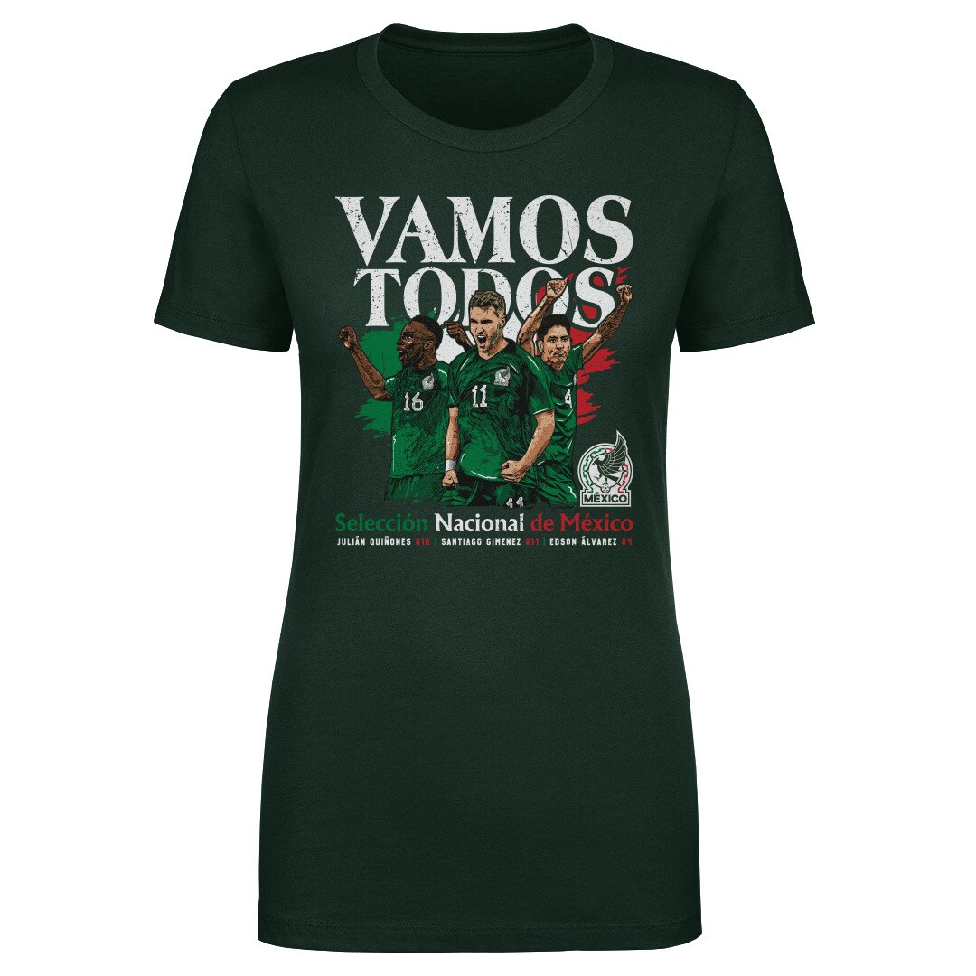 mexico national team 500 level women8217s vamos todos julián quiñones santiago giménez amp edson Álvarez t-shirt – forest green Collection – Brazil World Cup Jerseys and T-Shirts