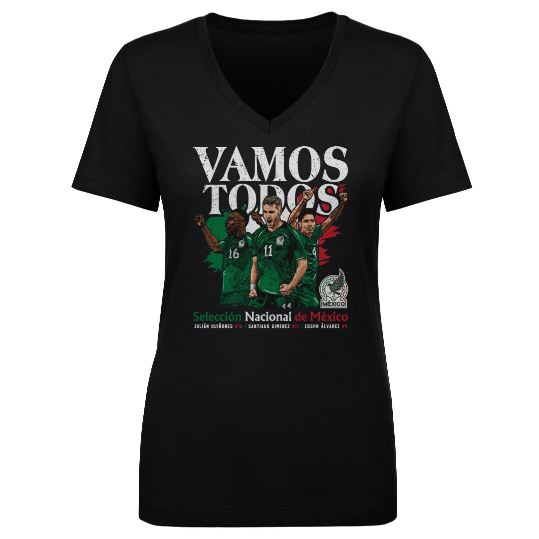 mexico national team 500 level women8217s vamos todos julián quiñones santiago giménez amp edson Álvarez v-neck t-shirt – black Collection – Brazil World Cup Jerseys and T-Shirts