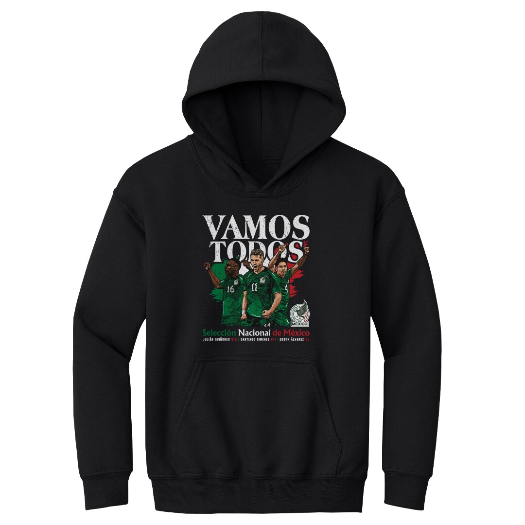 mexico national team 500 level youth vamos todos julián quiñones santiago giménez amp edson Álvarez pullover hoodie – black Collection – Brazil World Cup Jerseys and T-Shirts